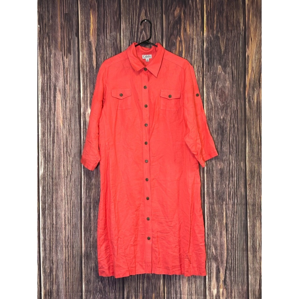 K studio Collection Shirt Dress Size 16 Womens Coral Linen Blend Button Front